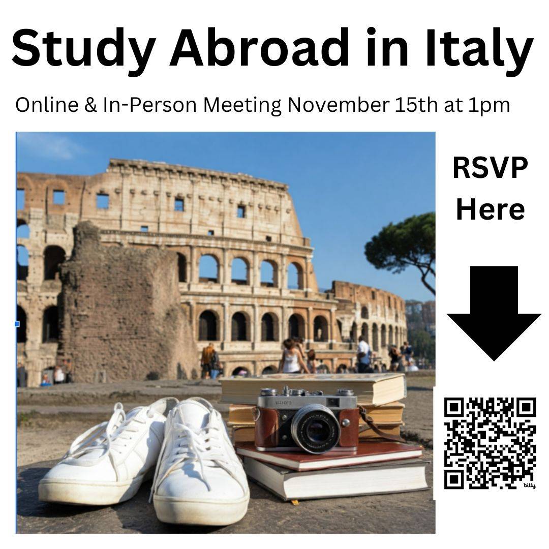 Roman Colleseum with tennis shoes camera and books in front